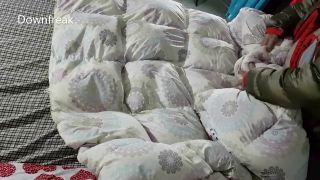 Down Jacket Humping Step Sister Bed and Puffy Comforter. Cumming on Shiny Down Jacket. Short Version.-1