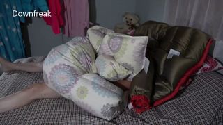 Down Jacket Humping Step Sister Bed and Puffy Comforter. Cumming on Shiny Down Jacket. Short Version.-5