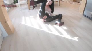 long legged brunette posing in black pantyhose-2