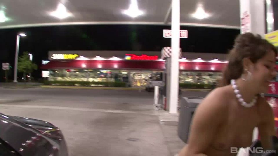 Brunette Fills Her Car Up At The Gas Station Topless, For Everyone To See