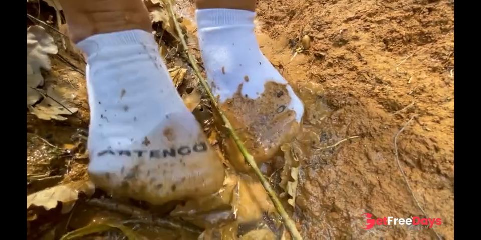 Do you like mud I do , Hot Blonde Milf plays in public with her socks in the mud