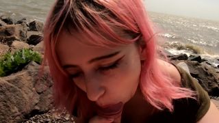 Cute pink hair teen gets oral creampie at the beach-2