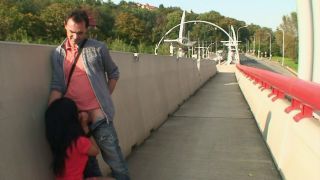 Beautiful dark haired teen pleasing a old cock in public outdo....-2