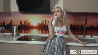 Cute Blonde Drinks Yogurt And Does Hot Masturbation On The Kitchen-0