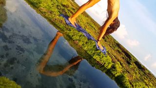 My Wife SexyDreamsNAKED YOGA Stretching at Ocean shore # Reflection at Sun Set-7