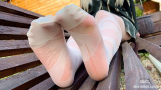 xxx video clip 35 Mistress Legs - Enjoy Seductive Nylon Feet On A Bench In White Patterned Pantyhose 4K - UltraHD 2160p | fetish | pov foot fetish 2018-2
