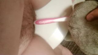 Horny amateur chubby girl masturbating with toothbrush and toy in the toilet,  on webcam -0