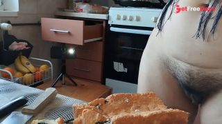 Hairy brunette pussy, big tits, sensual hairy woman in the kitchen. Sexy MILF, hairy pussy-0