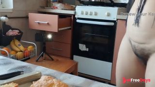 Hairy brunette pussy, big tits, sensual hairy woman in the kitchen. Sexy MILF, hairy pussy-8