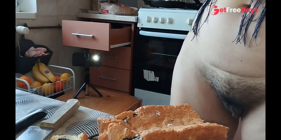 Hairy brunette pussy, big tits, sensual hairy woman in the kitchen. Sexy MILF, hairy pussy