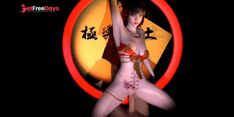 3D skinny Asian slut wearing sexy dress sitting on the big dick