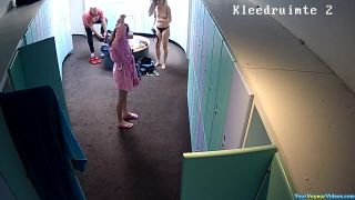 Two girls one dude in locker room-1