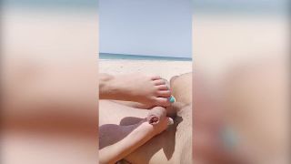 [Amateur] Nude public beach. Risky footjob and handjob by strangers. Almost caught-1