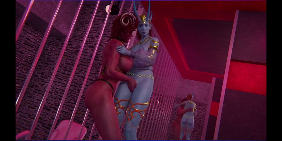Big Dick She-devil Mizara and tiefling Carla fuck in a BDSM room and cum on each others faces.