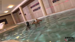 Two Zentai Girls with slave in Pool-1