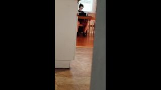Spying horny glasses girl watching porn and fingering pussy under table-1