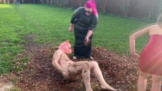 xxx video clip 37 femdom hard caning fetish porn | Mistress Zeida - Slave Rolling In The Leaves While We Humilate Him In Latex Rubber | fetish-1