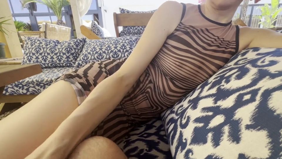 Mr and Mrs Jones - Sexy Milf wearing sheer dress, no bra, pierced nipples in a beach bar, taking panties of in public