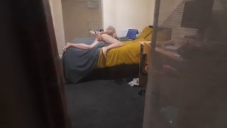 Spying through the window voyeur horny blonde girl masturbating on the bed while watching laptop porn - Amateur-4