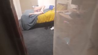 Spying through the window voyeur horny blonde girl masturbating on the bed while watching laptop porn - Amateur-7