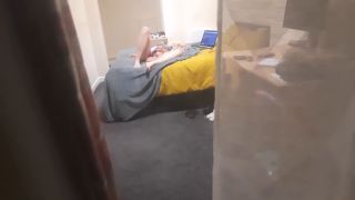 Spying through the window voyeur horny blonde girl masturbating on the bed while watching laptop porn - Amateur-9