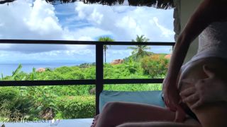 String girl in white underwear bouning cowgirl dick ride in paradise risky public balcony sex-2