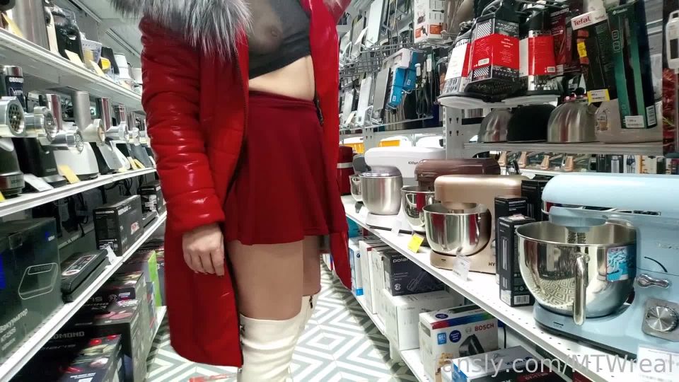 Exhibitionist wifeExhibitionist Wife red jacket  transparent dress in public store