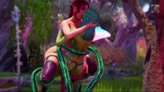 3D monster threesome with two girls - Dryad and Elf in forest-8